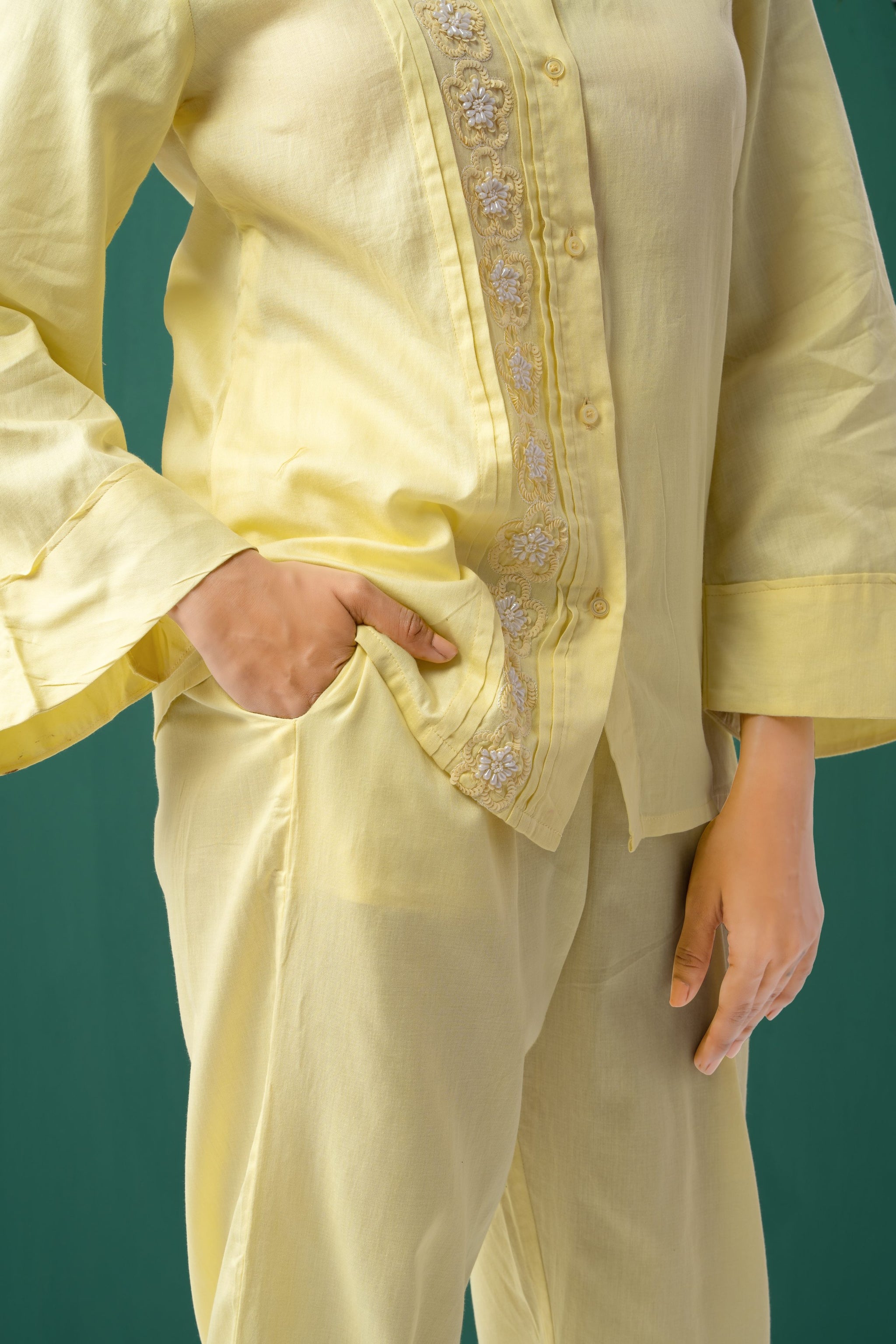 Butter Bloom Yellow Cotton Satin Co-ord Set