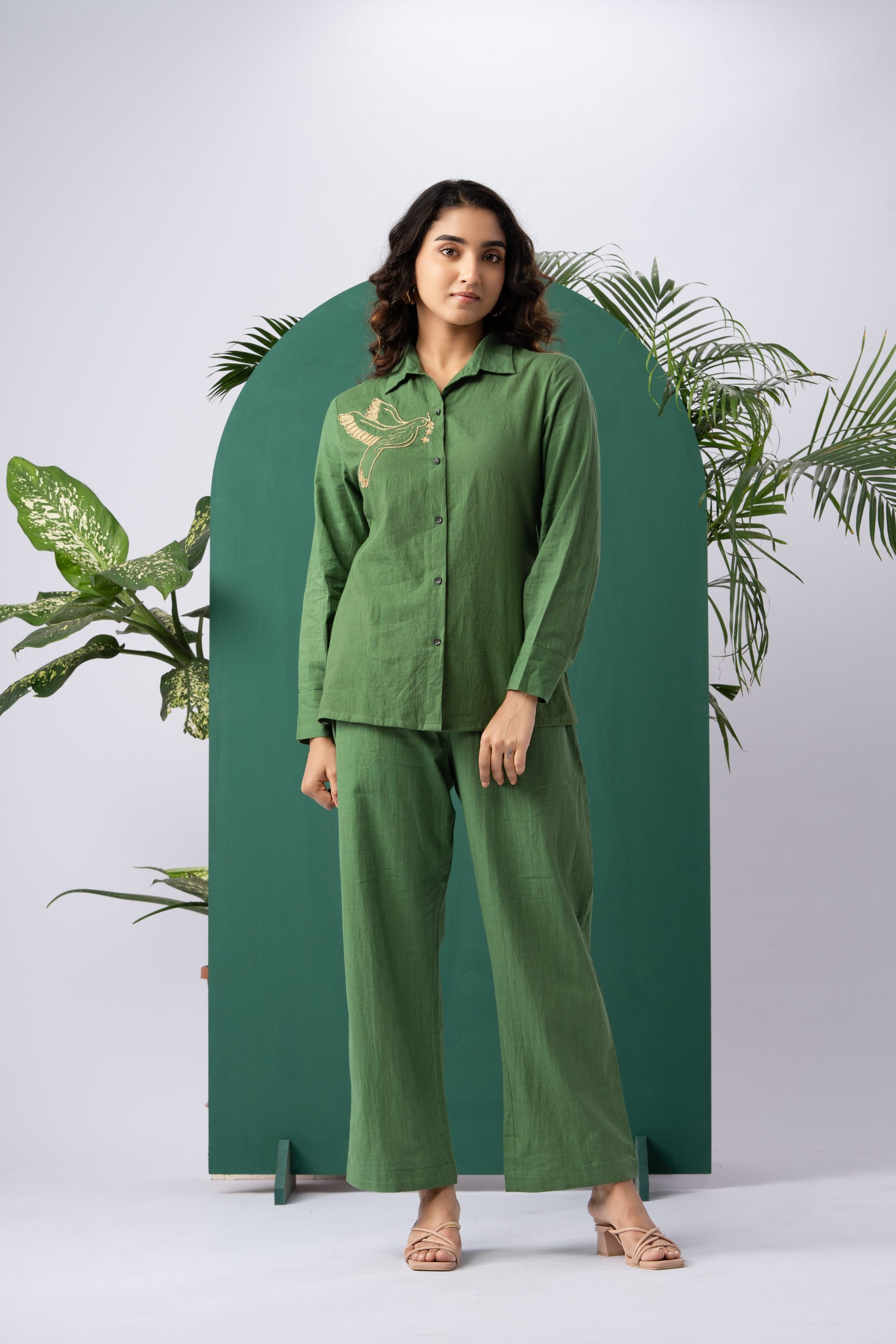 Golden Wing Green Cotton Linen Co-ord Set