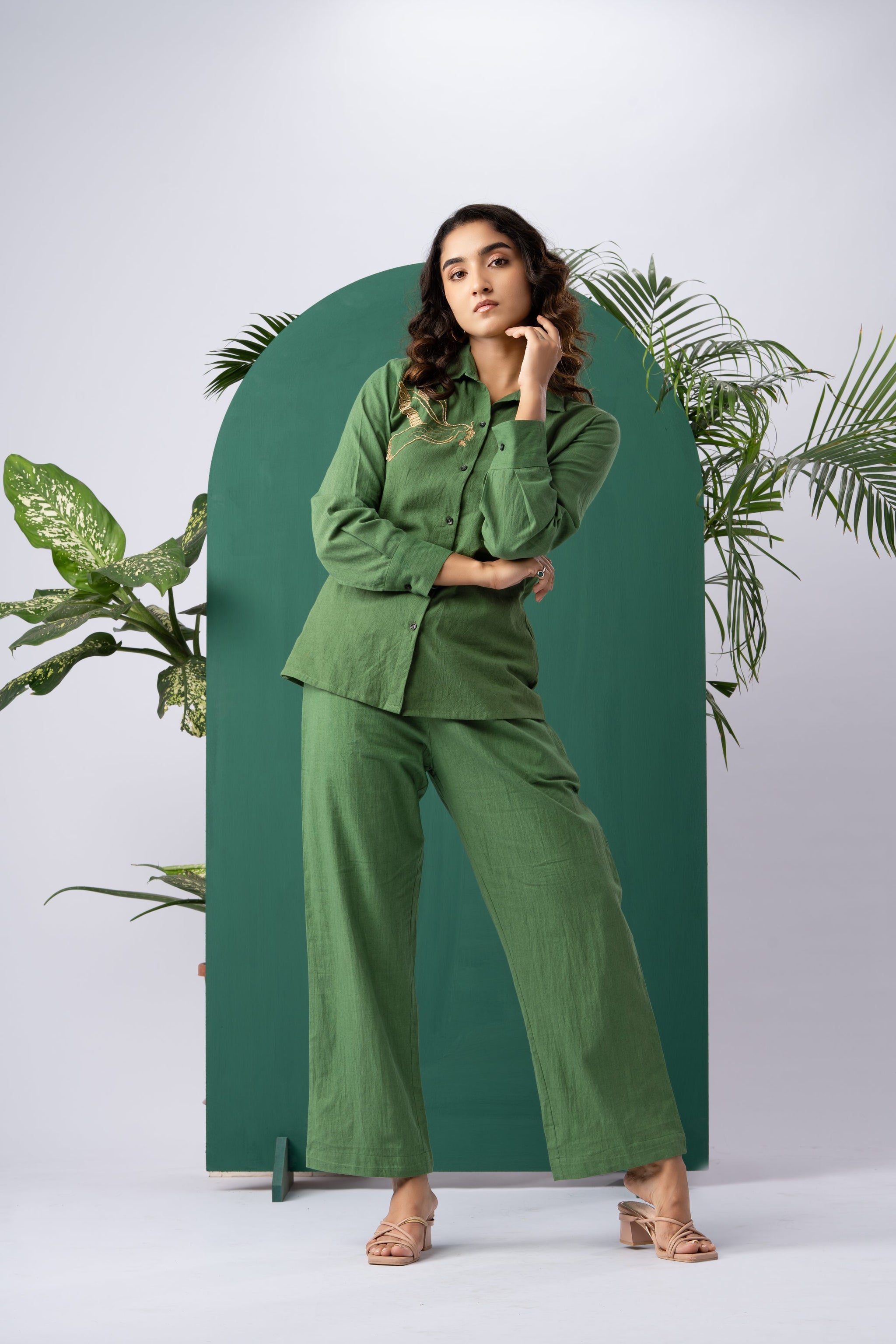 Golden Wing Green Cotton Linen Co-ord Set
