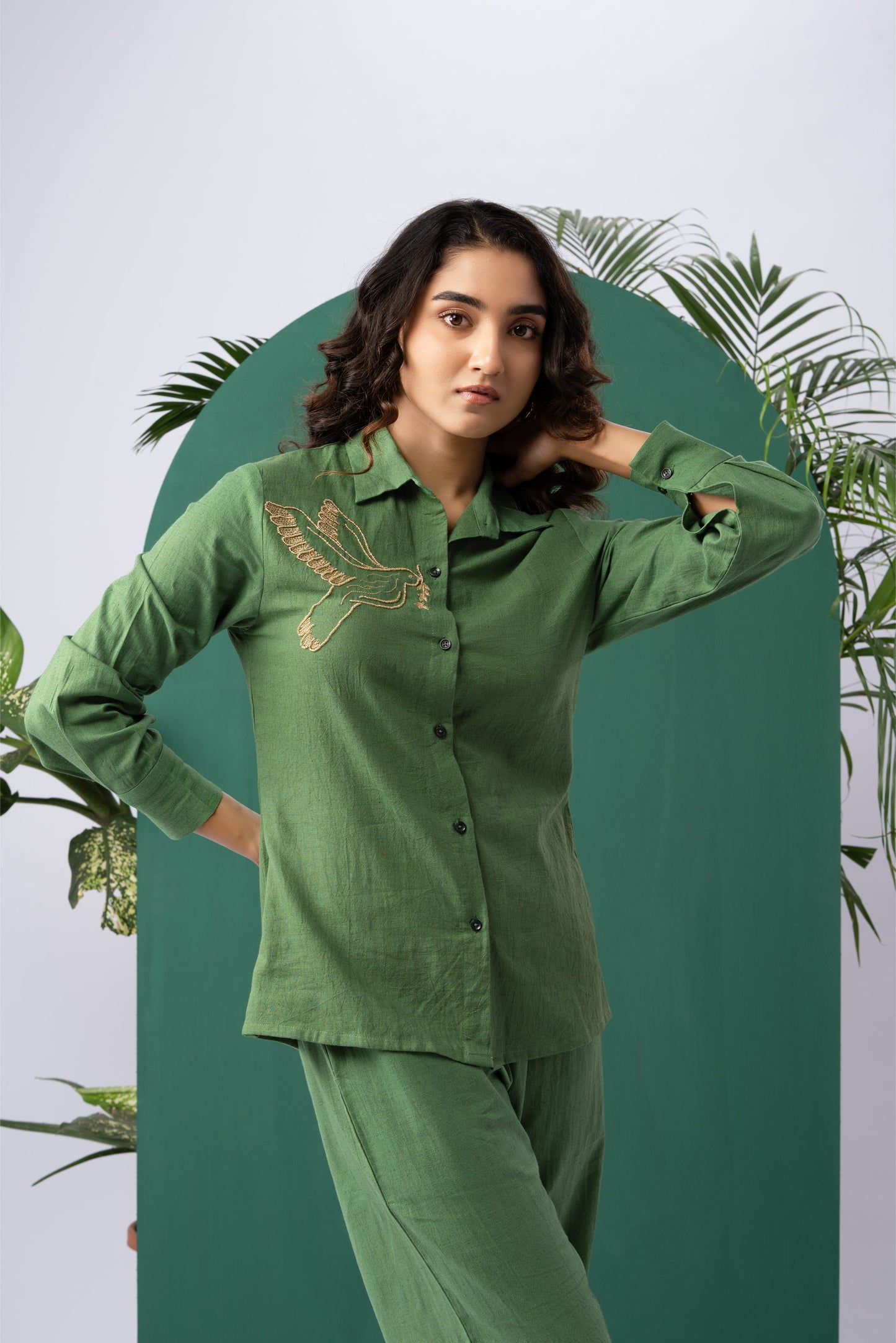 Golden Wing Green Cotton Linen Co-ord Set