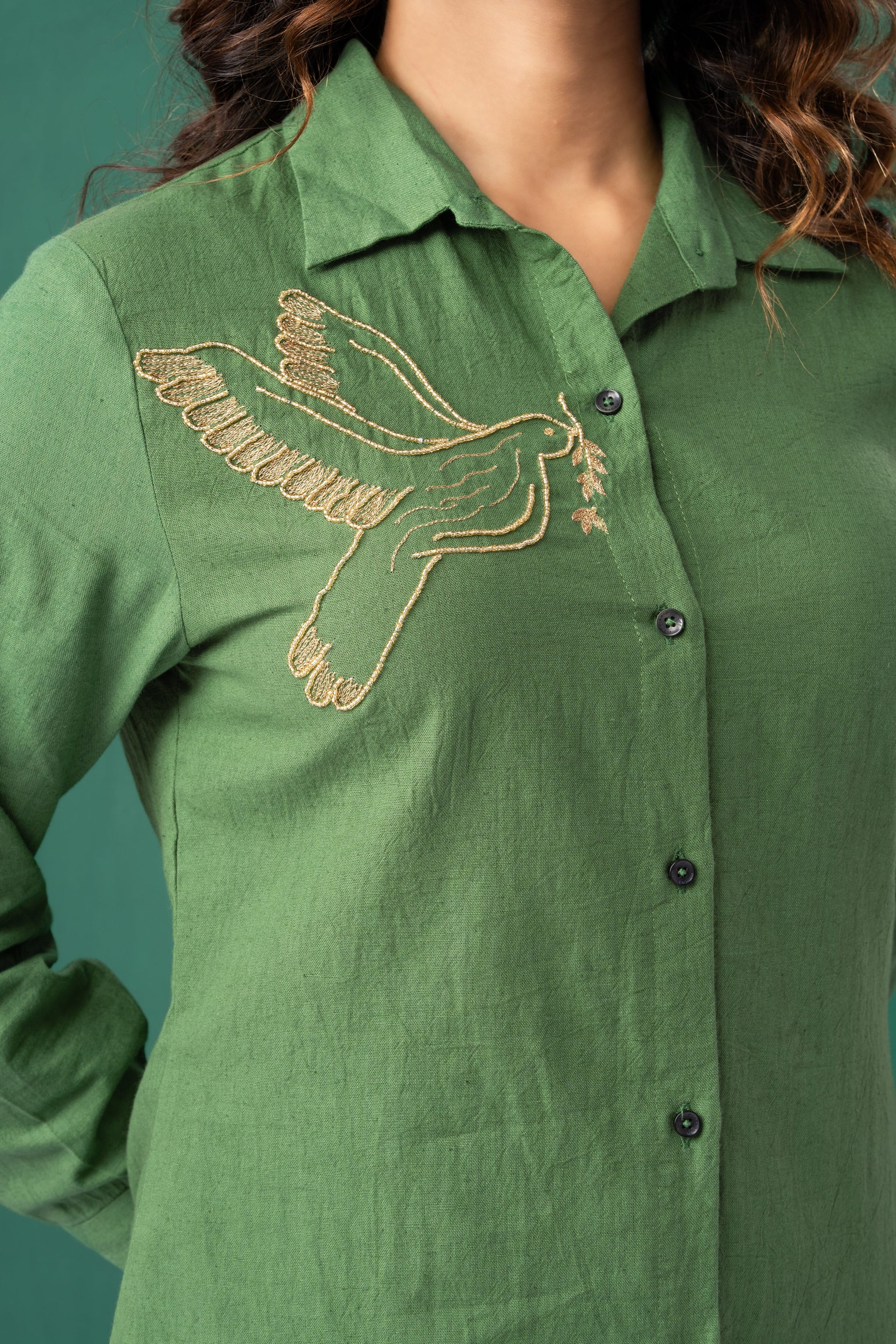Golden Wing Green Cotton Linen Co-ord Set