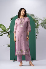 Load image into Gallery viewer, Bare Embellish Lavender Muga Cotton Stitched Suit Sets
