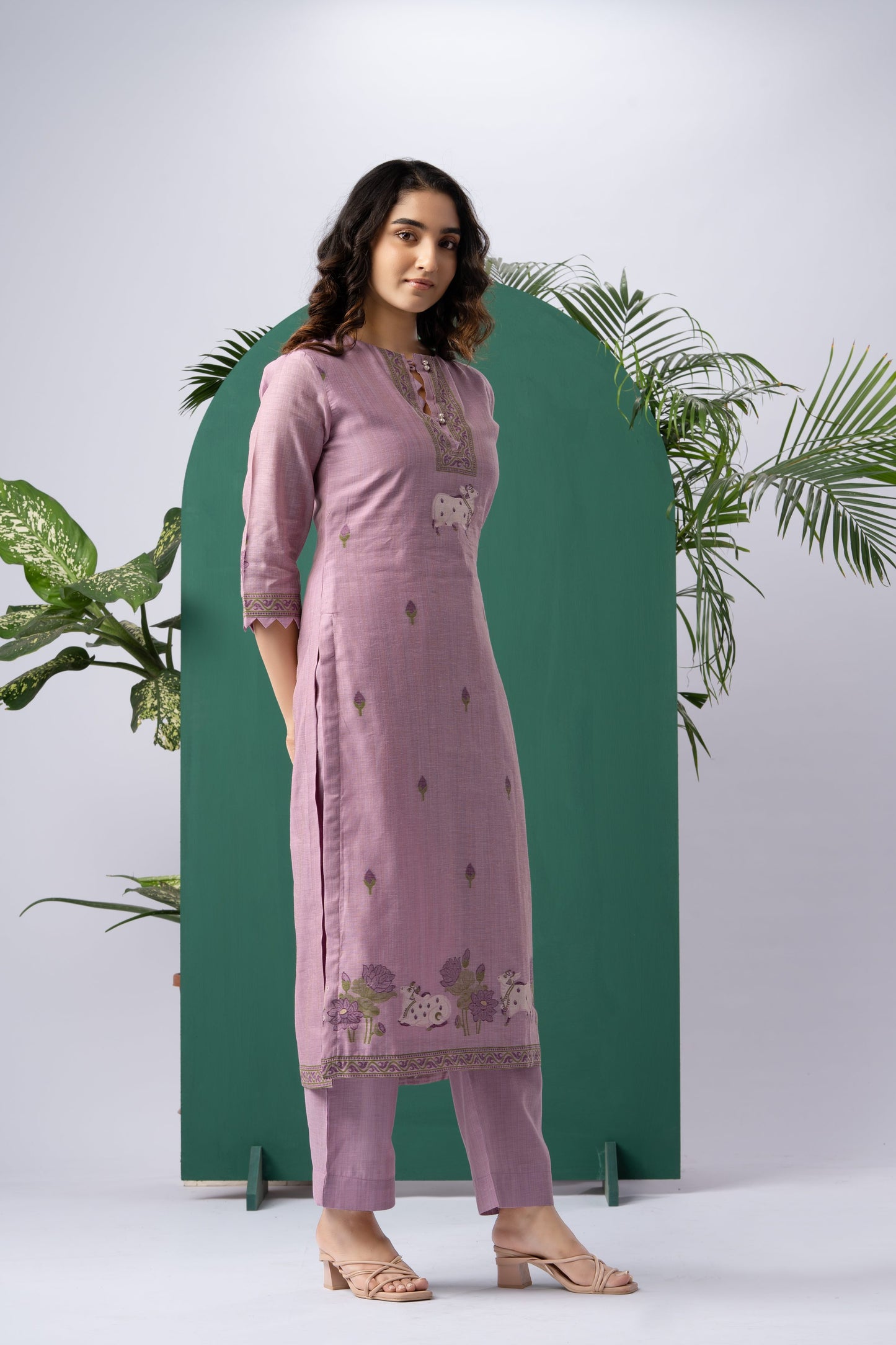 Bare Embellish Lavender Muga Cotton Stitched Suit Sets