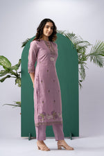 Load image into Gallery viewer, Bare Embellish Lavender Muga Cotton Stitched Suit Sets
