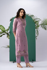 Bare Embellish Lavender Muga Cotton Stitched Suit Sets