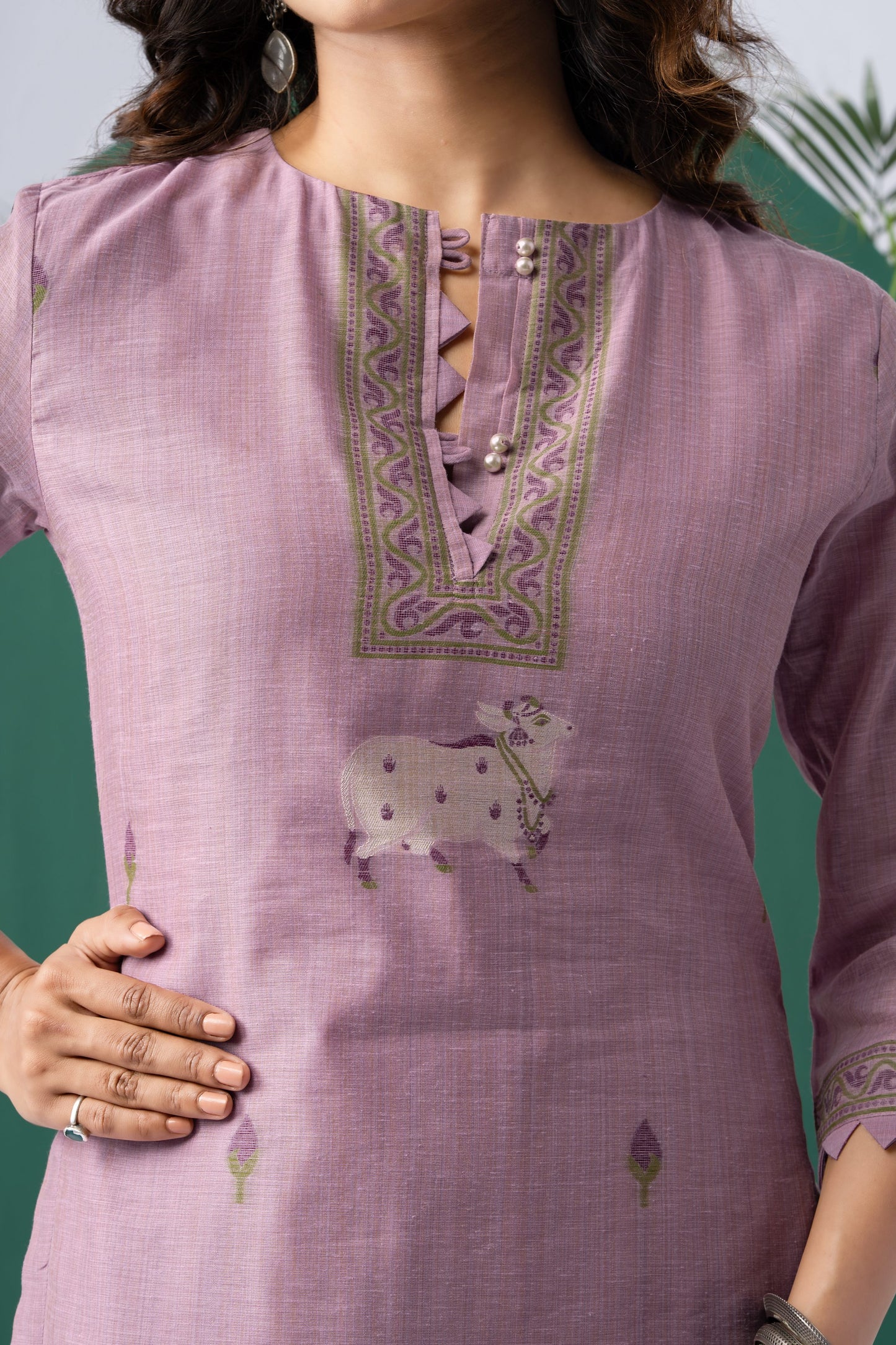 Bare Embellish Lavender Muga Cotton Stitched Suit Sets