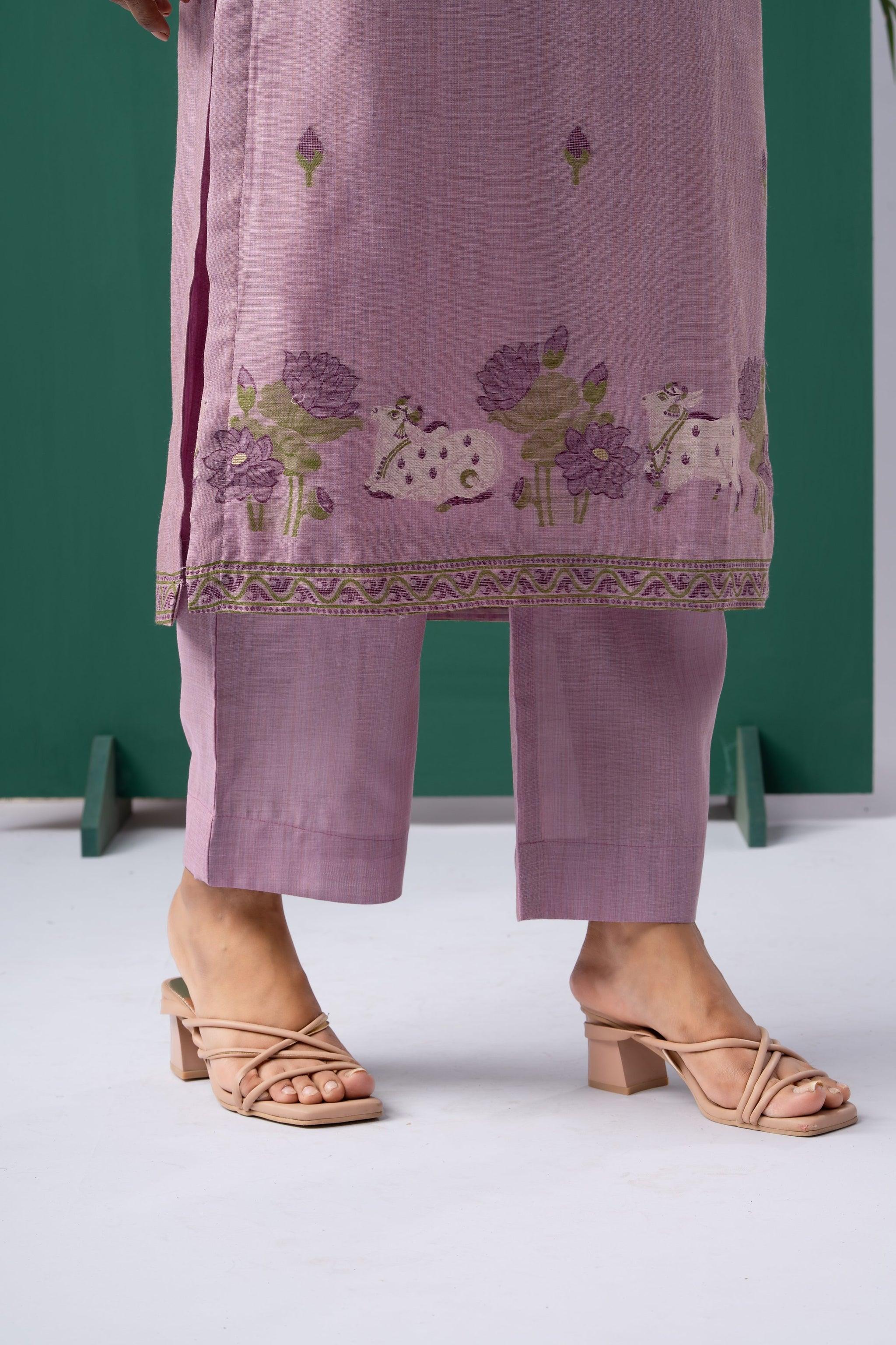 Bare Embellish Lavender Muga Cotton Stitched Suit Sets