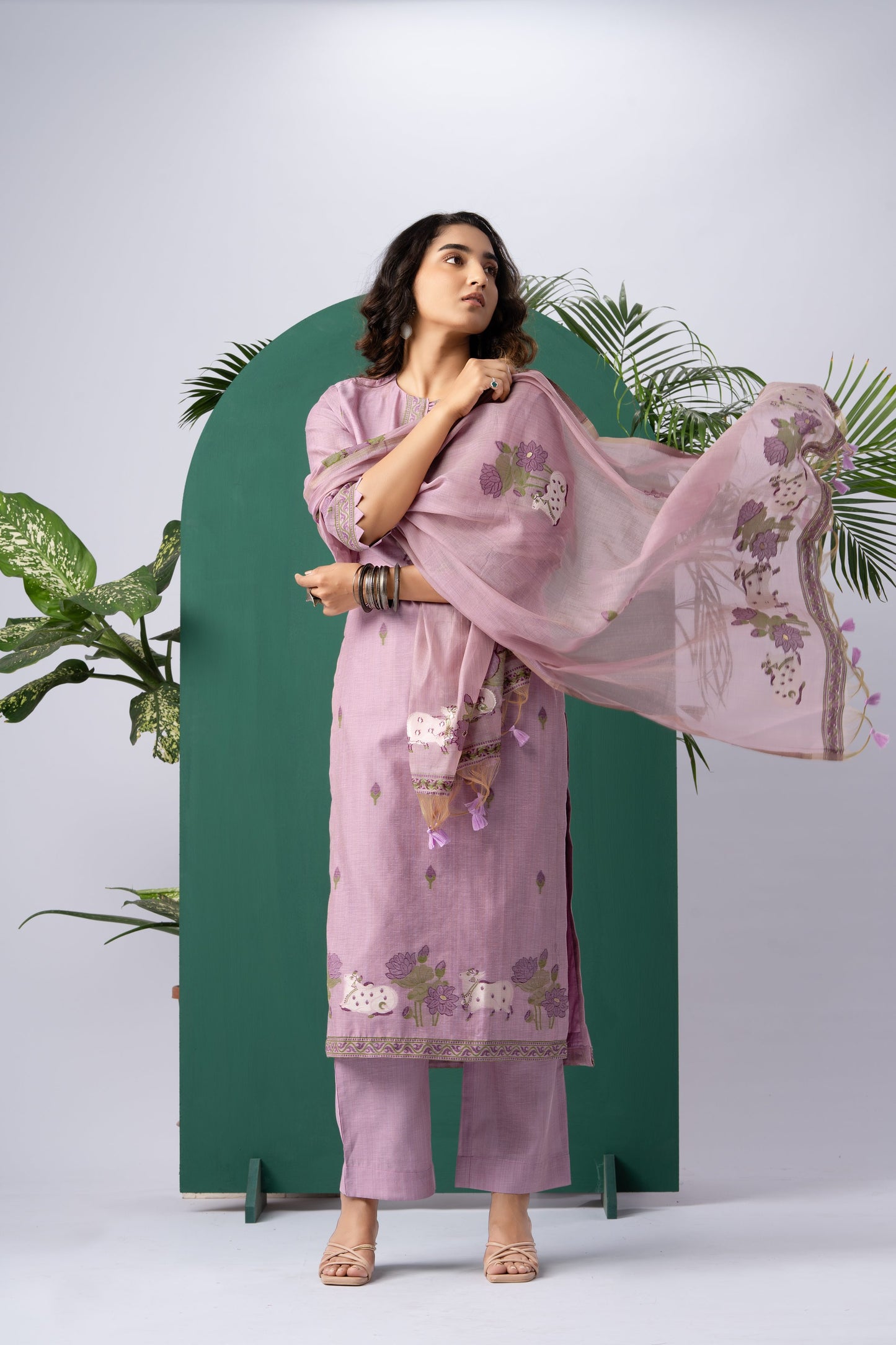 Bare Embellish Lavender Muga Cotton Stitched Suit Sets