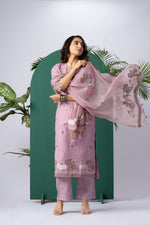 Load image into Gallery viewer, Bare Embellish Lavender Muga Cotton Stitched Suit Sets
