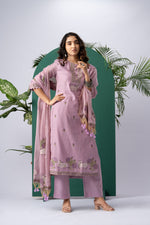 Load image into Gallery viewer, Bare Embellish Lavender Muga Cotton Stitched Suit Sets
