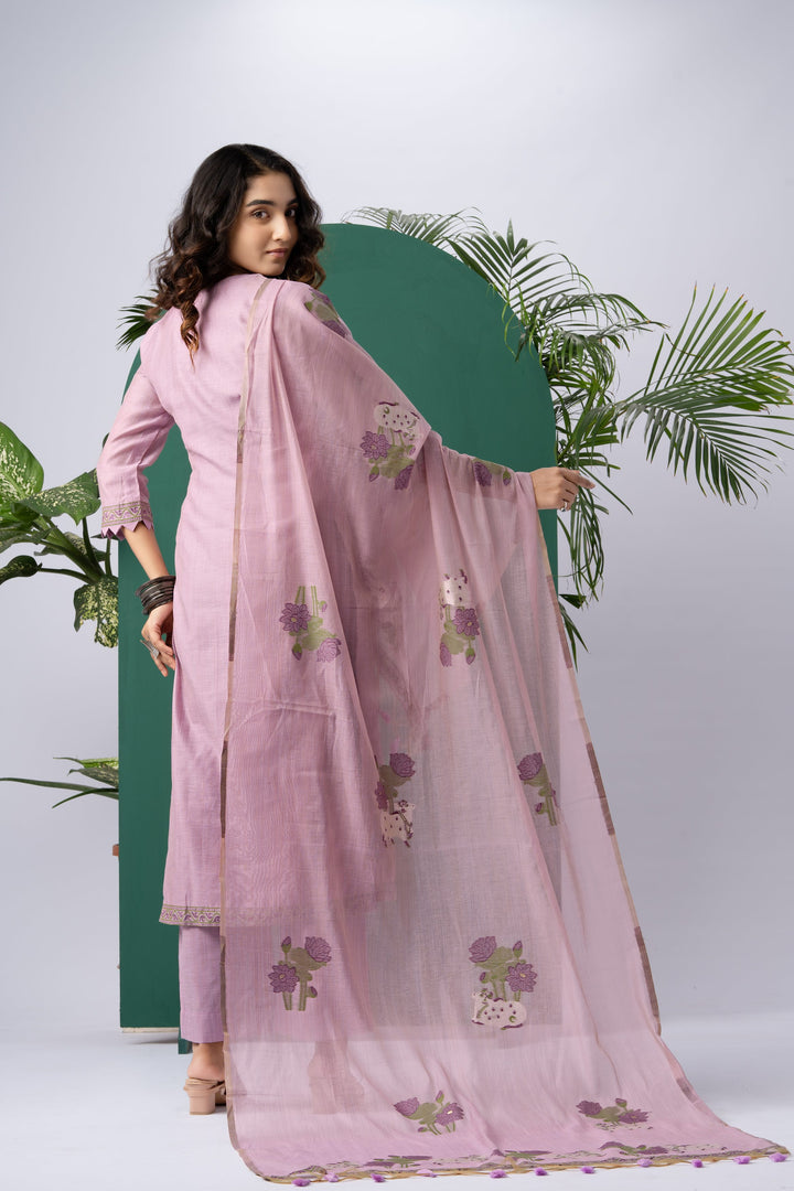 Bare Embellish Lavender Muga Cotton Stitched Suit Sets
