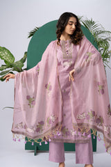 Bare Embellish Lavender Muga Cotton Stitched Suit Sets