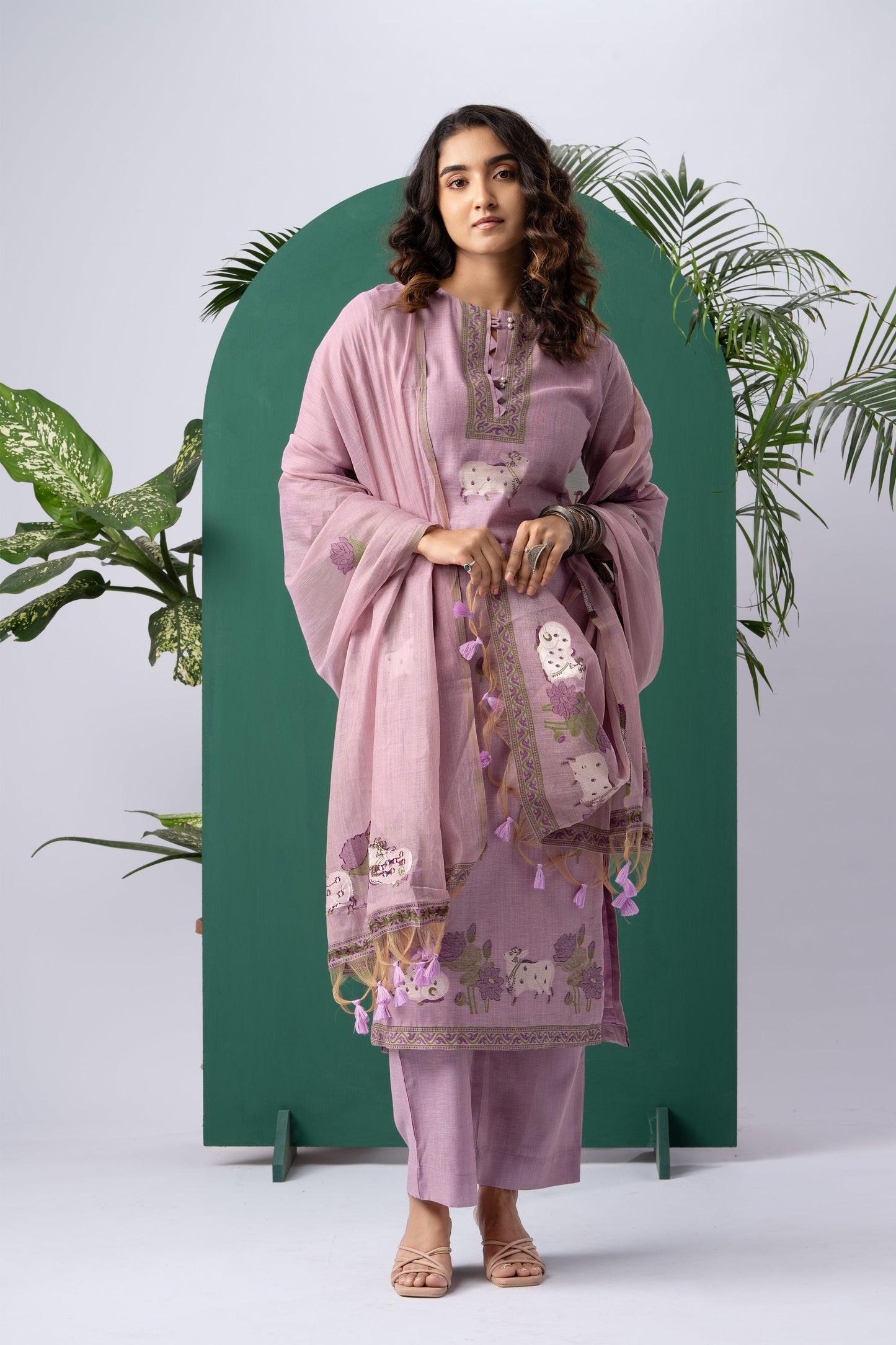 Bare Embellish Lavender Muga Cotton Stitched Suit Sets