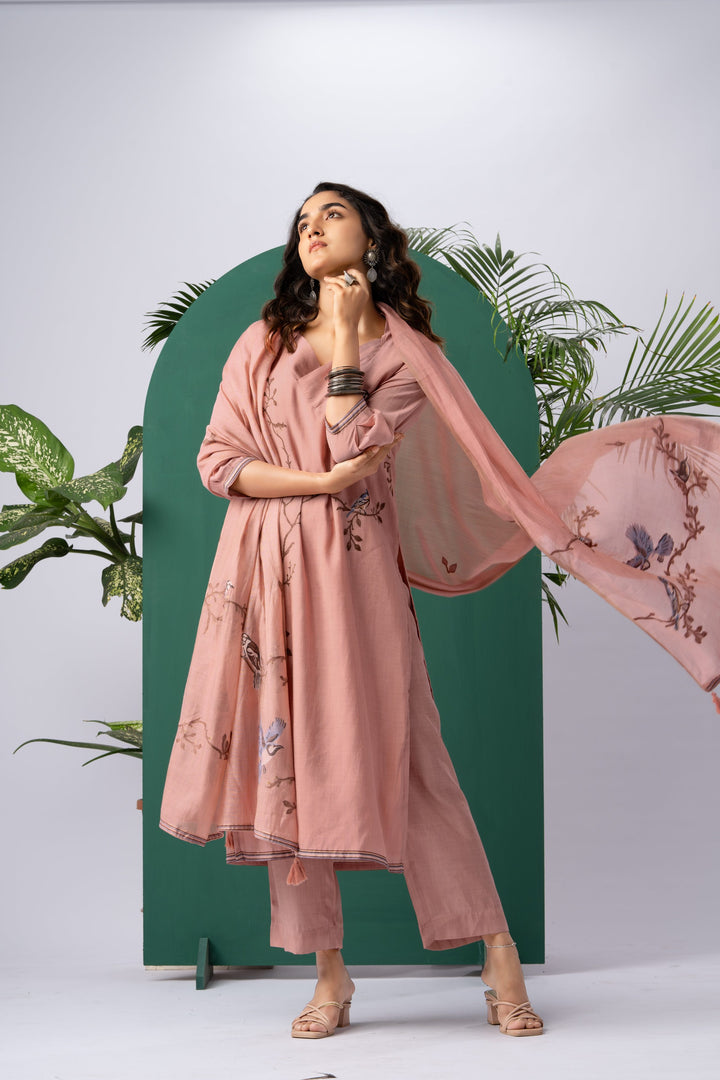 Silk & Stories Pink Viscose Cotton Stitched Suit Sets