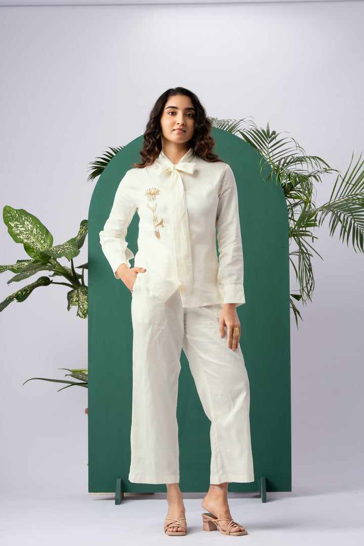 Golden Blossom Off-White Cotton Satin Co-ord Set