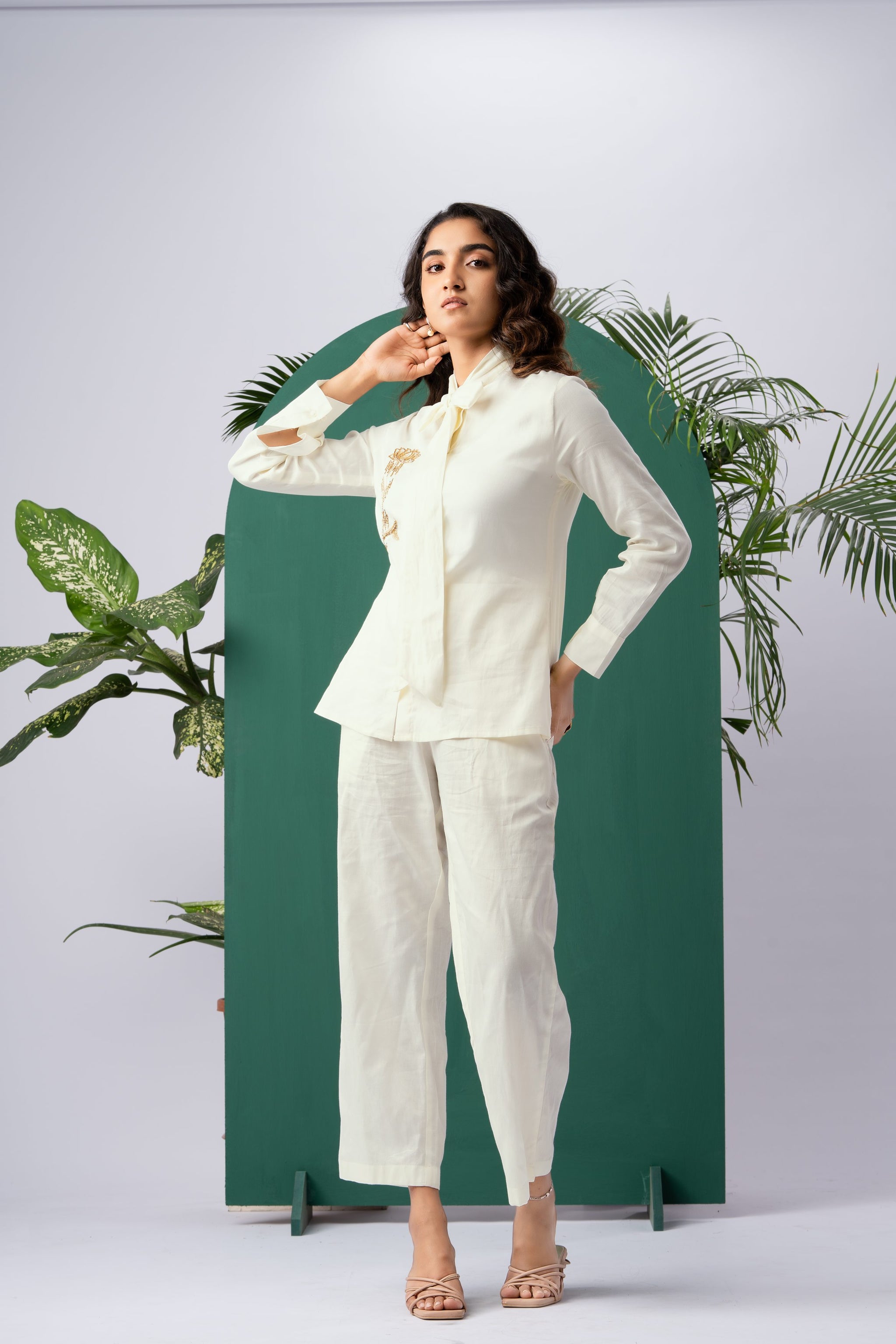 Golden Blossom Off-White Cotton Satin Co-ord Set