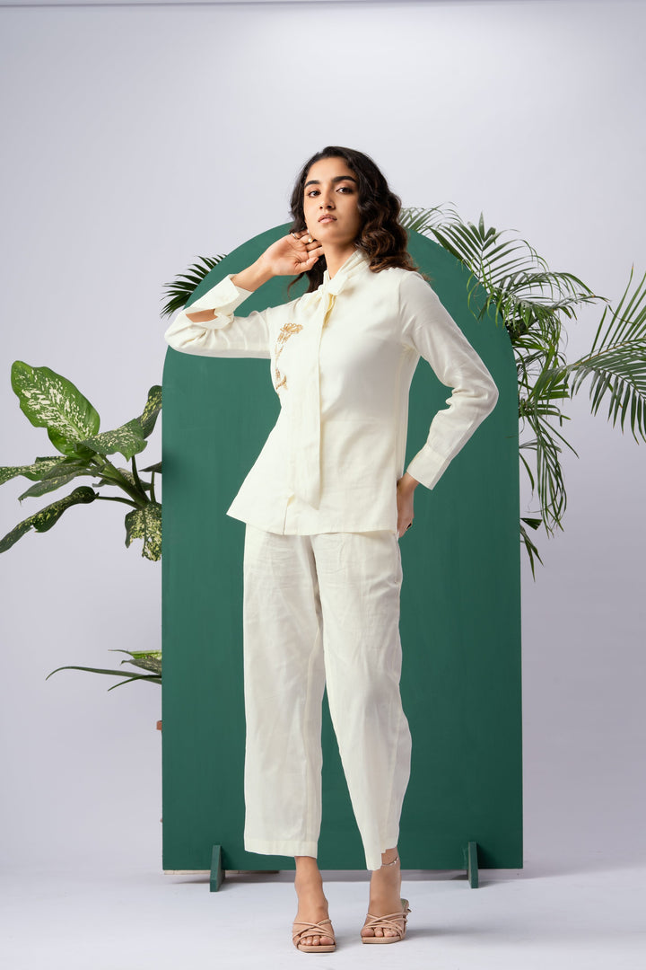 Golden Blossom Off-White Cotton Satin Co-ord Set