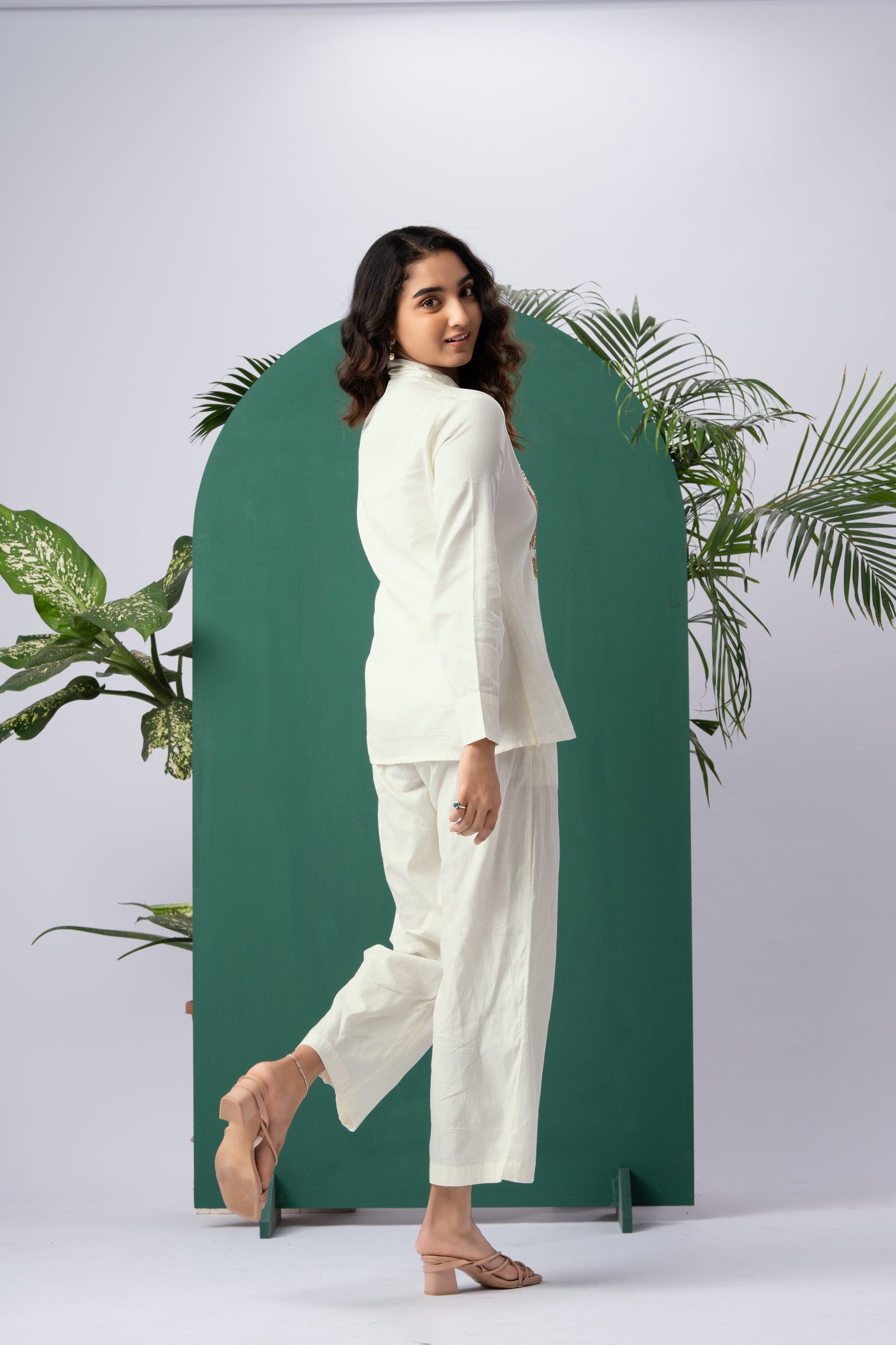 Golden Blossom Off-White Cotton Satin Co-ord Set