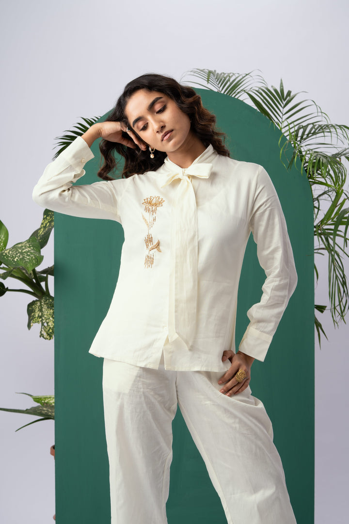 Golden Blossom Off-White Cotton Satin Co-ord Set