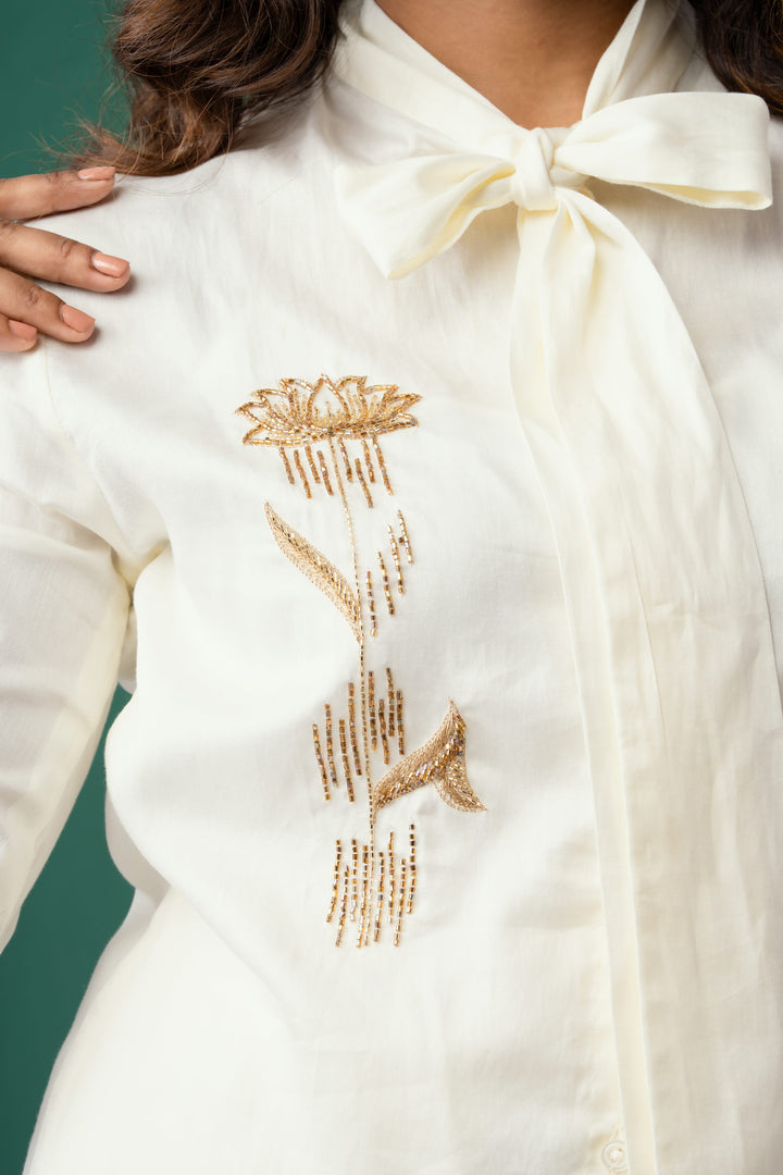 Golden Blossom Off-White Cotton Satin Co-ord Set