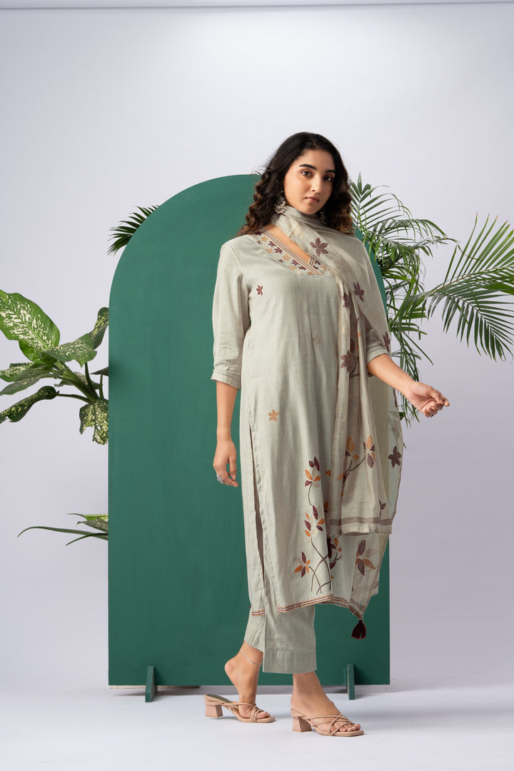 Petals & Weaves Beige Viscose Cotton Stitched Suit Sets