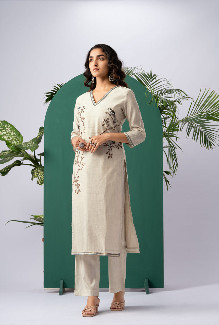 Canvas Chic Beige Viscose Cotton Stitched Suit Sets