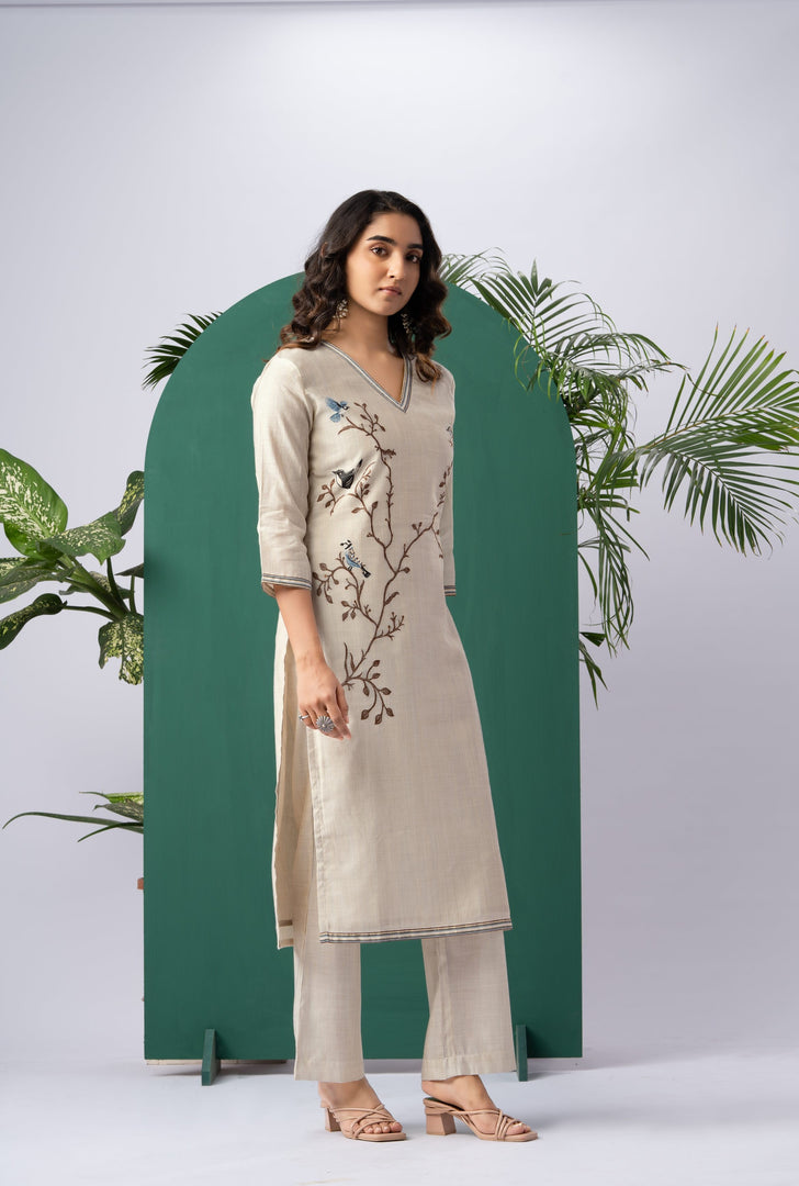 Canvas Chic Beige Viscose Cotton Stitched Suit Sets