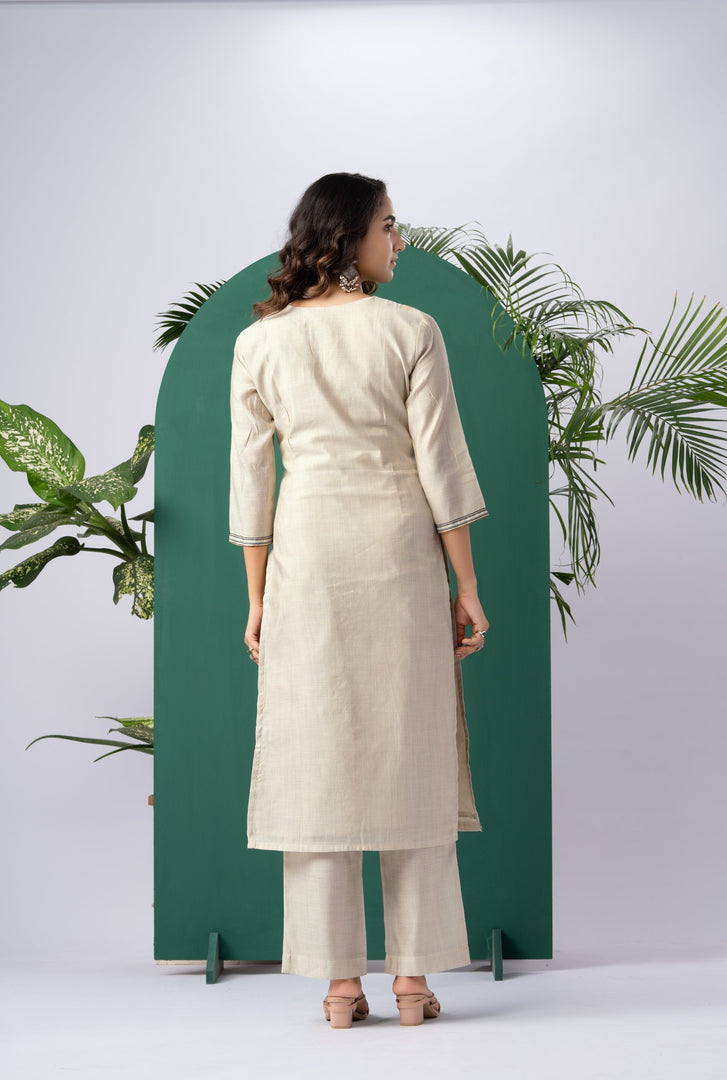 Canvas Chic Beige Viscose Cotton Stitched Suit Sets