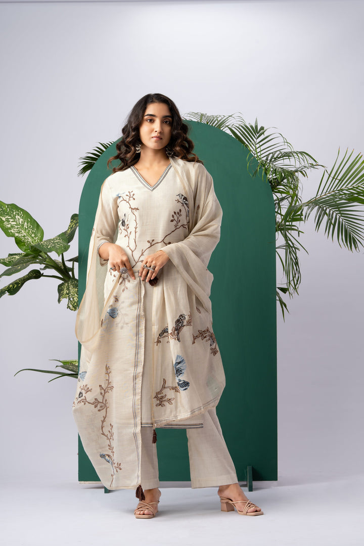 Canvas Chic Beige Viscose Cotton Stitched Suit Sets