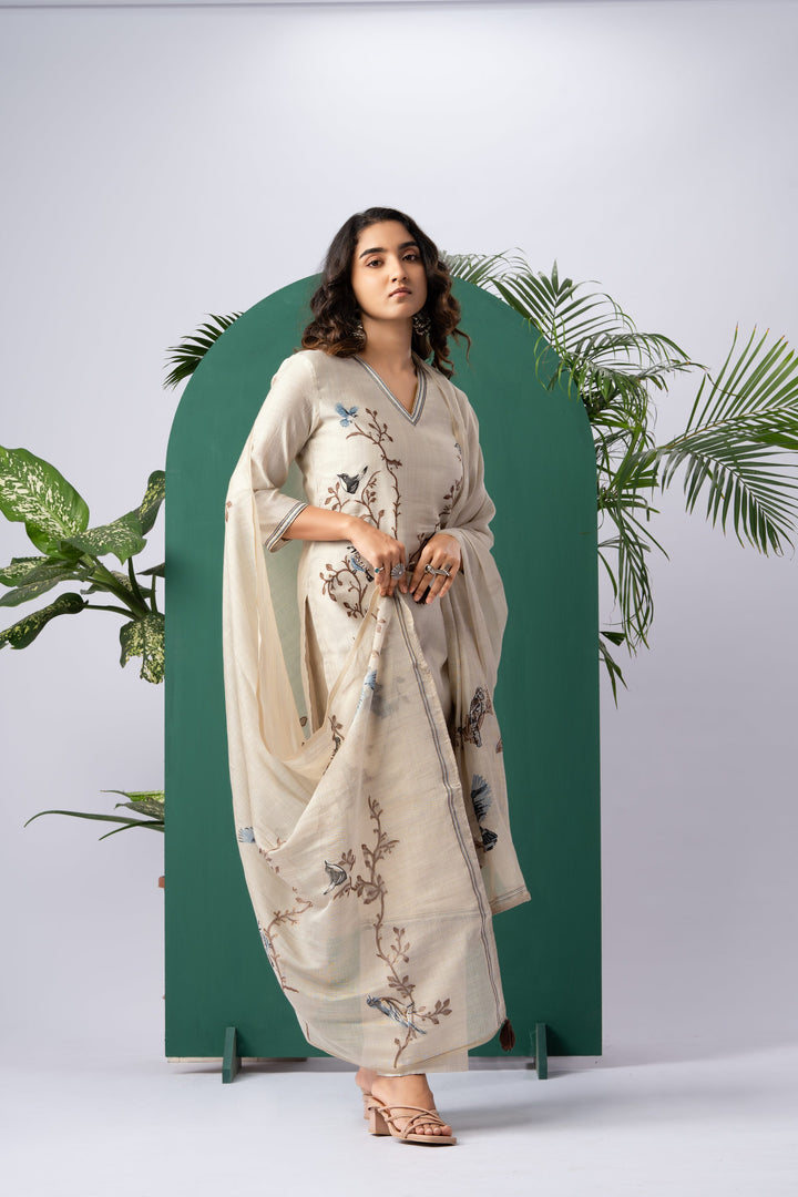 Canvas Chic Beige Viscose Cotton Stitched Suit Sets