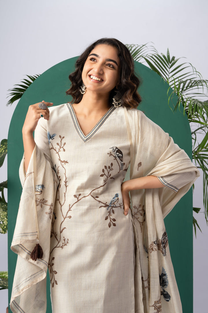 Canvas Chic Beige Viscose Cotton Stitched Suit Sets