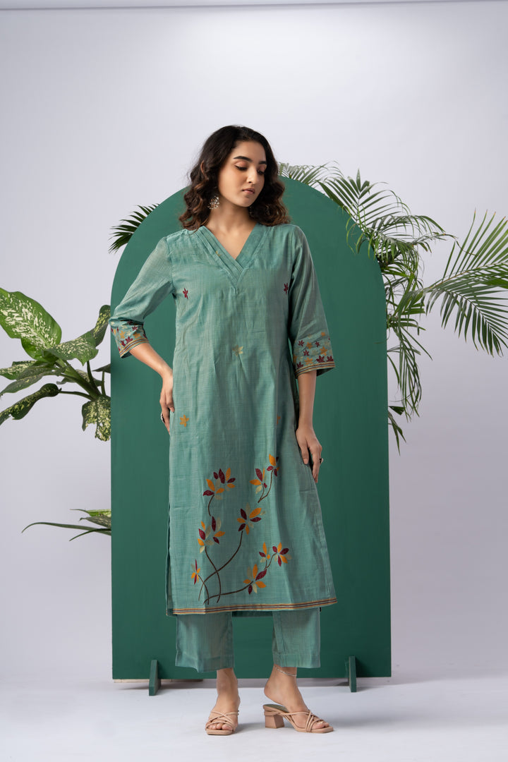 Petals & Weaves Teal Viscose Cotton Stitched Suit Sets