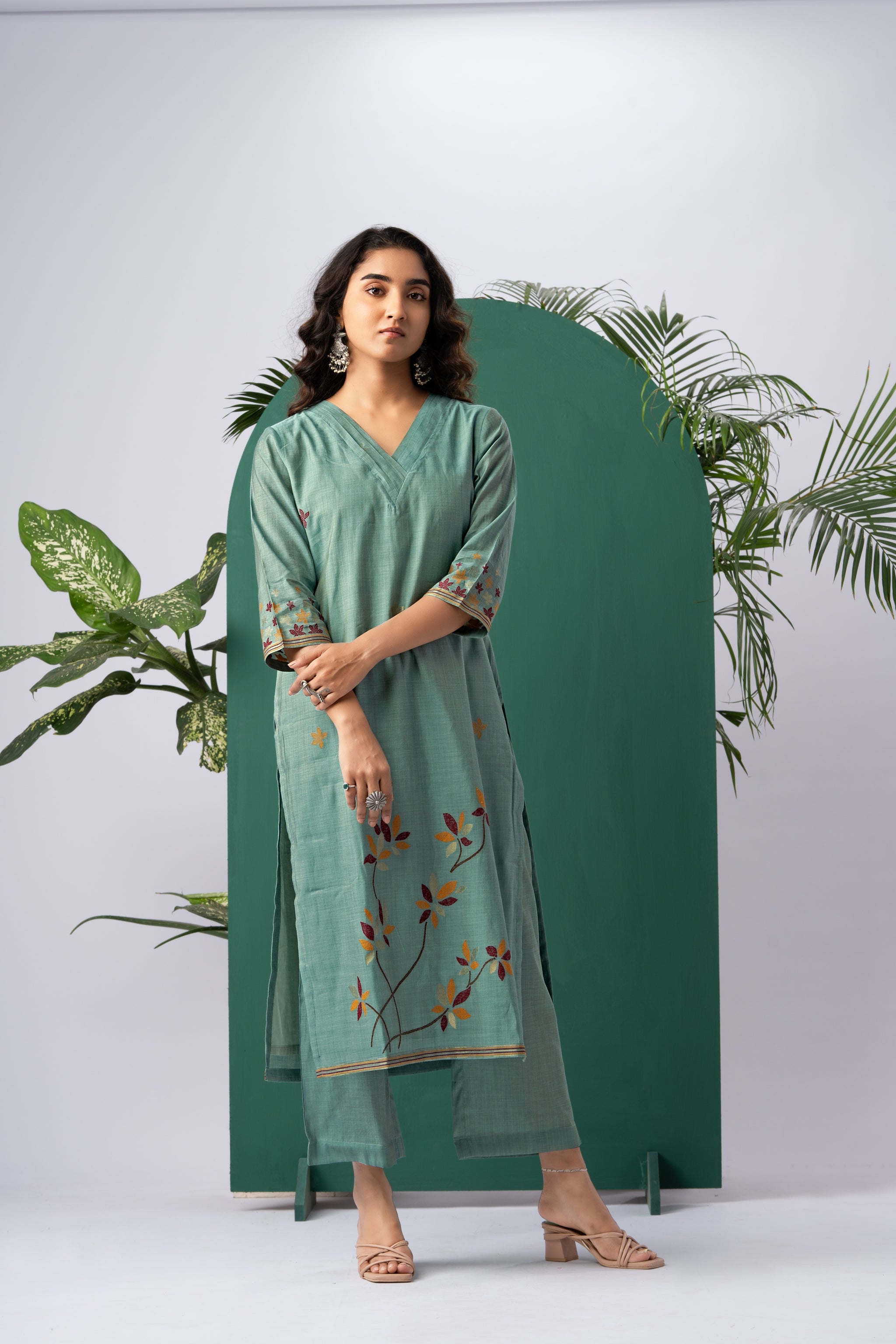 Petals & Weaves Teal Viscose Cotton Stitched Suit Sets