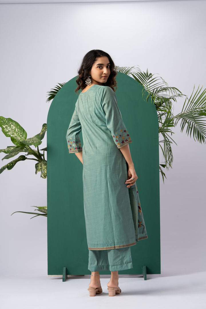 Petals & Weaves Teal Viscose Cotton Stitched Suit Sets