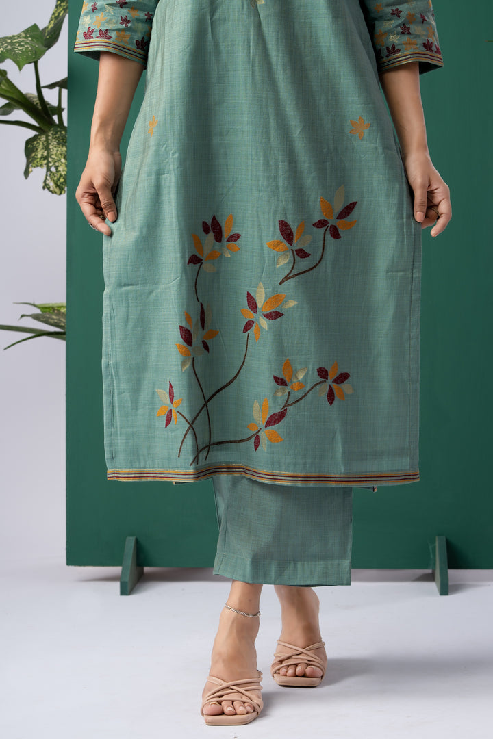Petals & Weaves Teal Viscose Cotton Stitched Suit Sets