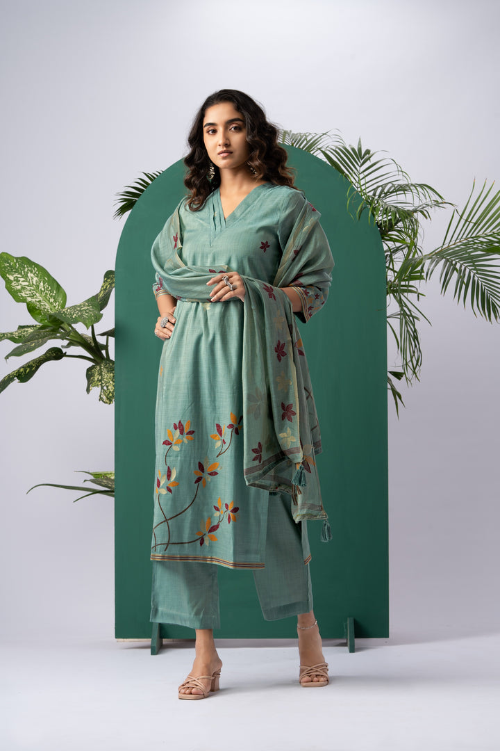 Petals & Weaves Teal Viscose Cotton Stitched Suit Sets