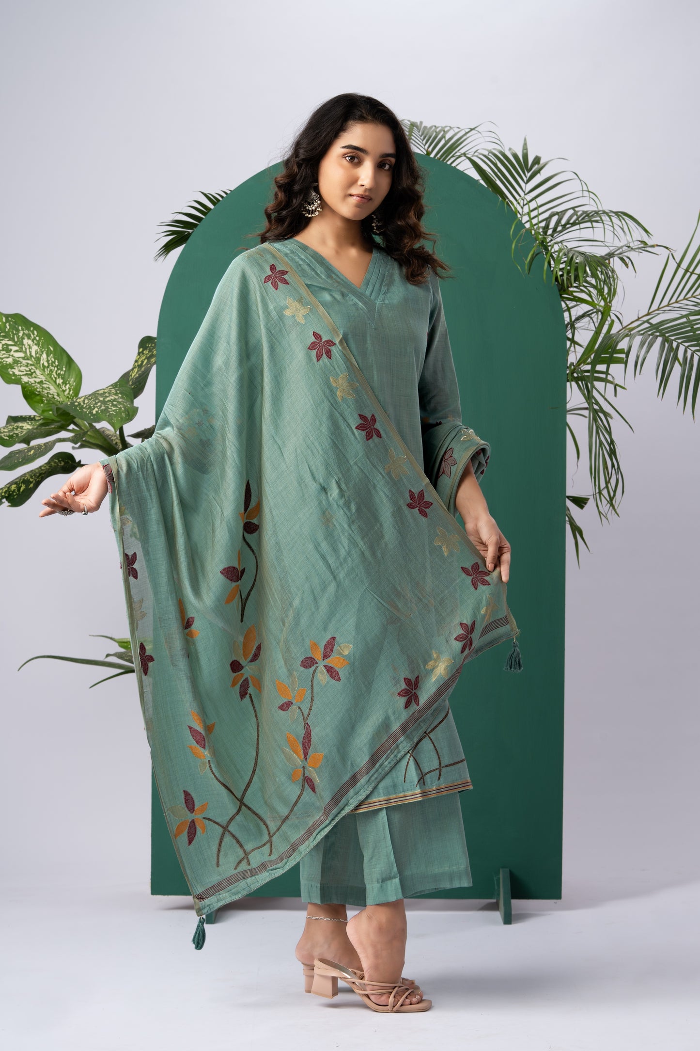 Petals & Weaves Teal Viscose Cotton Stitched Suit Sets