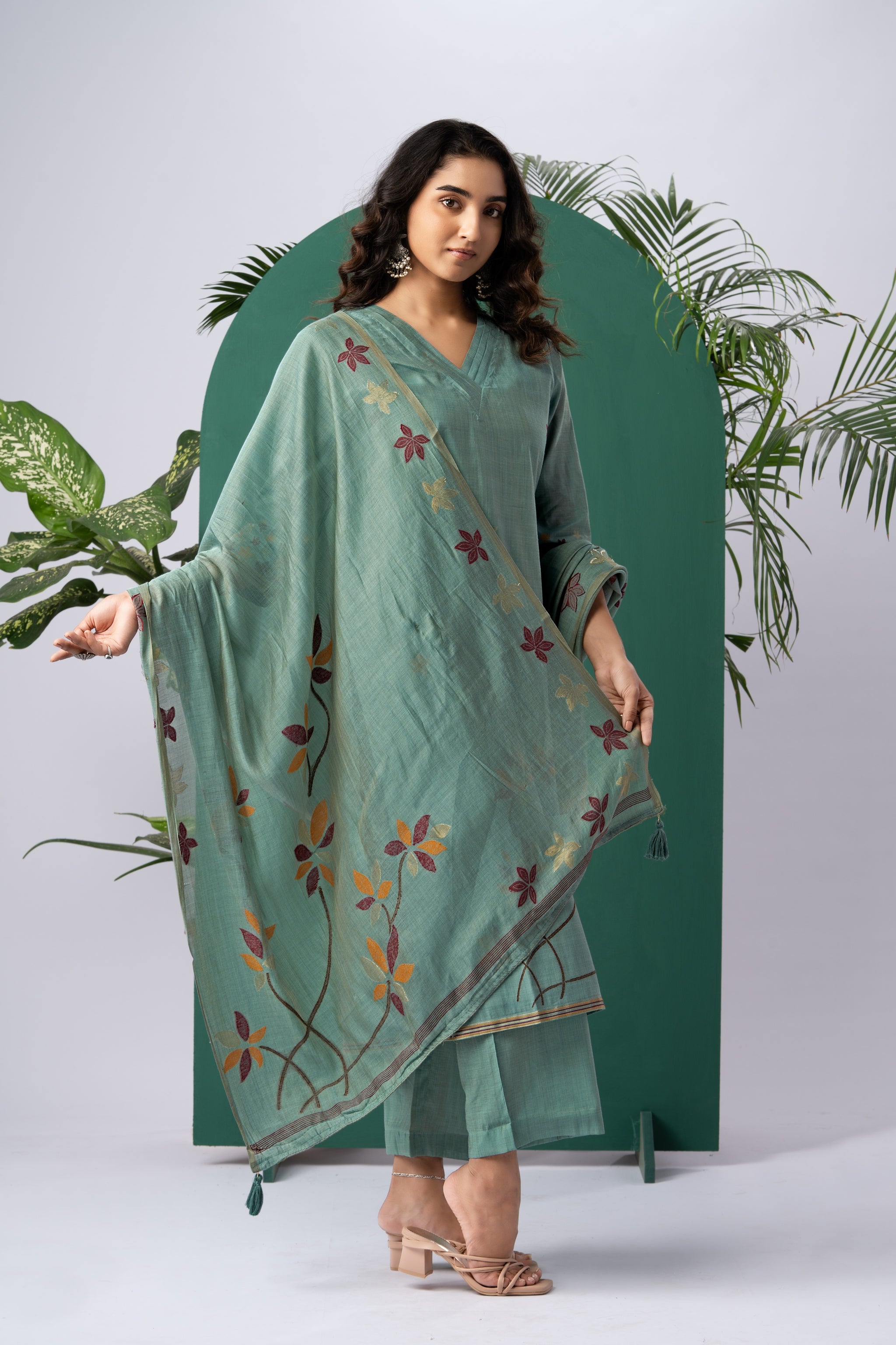 Petals & Weaves Teal Viscose Cotton Stitched Suit Sets