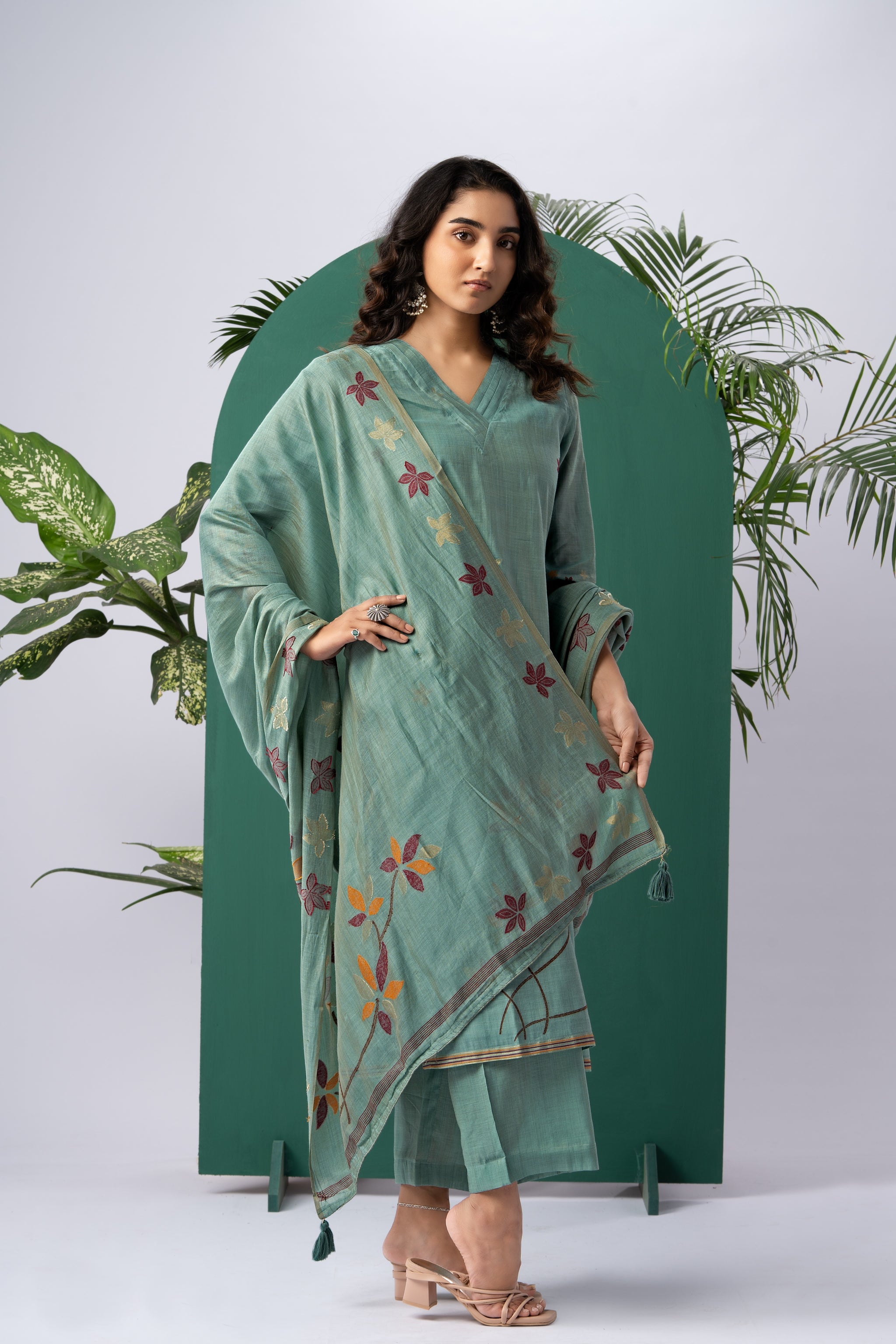 Petals & Weaves Teal Viscose Cotton Stitched Suit Sets