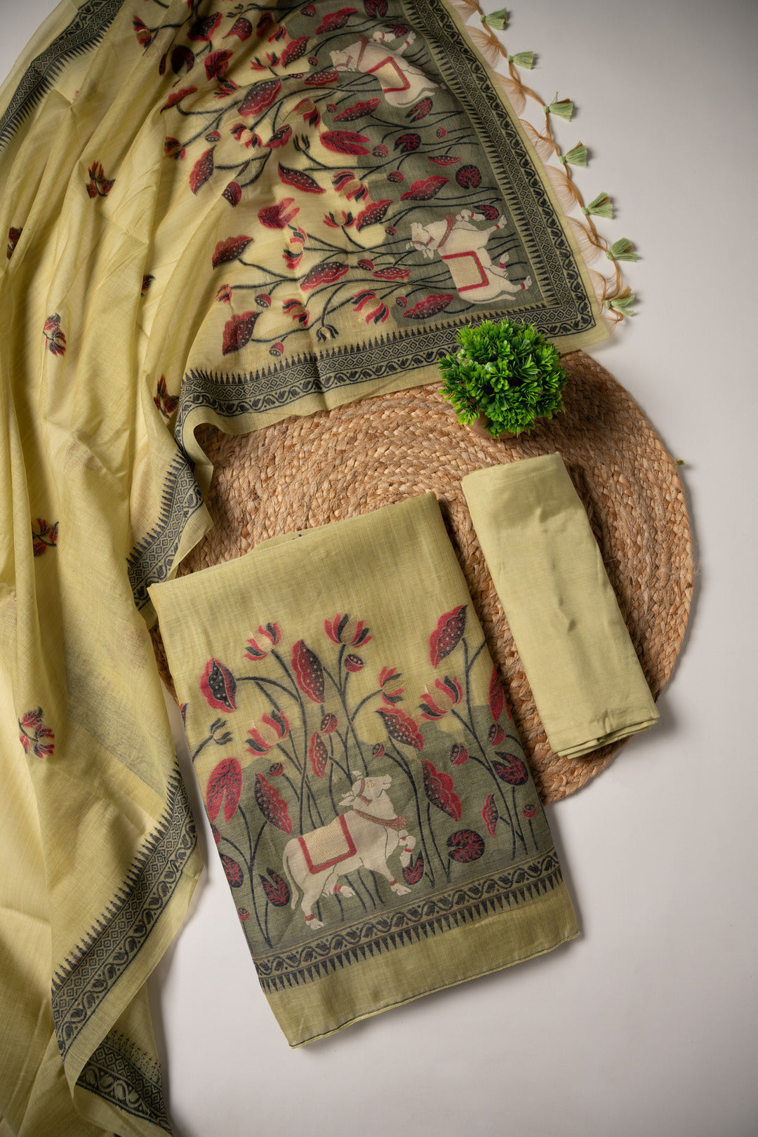 Celestial Cotton Green Jamdani Muga Cotton Unstitched Suit Set