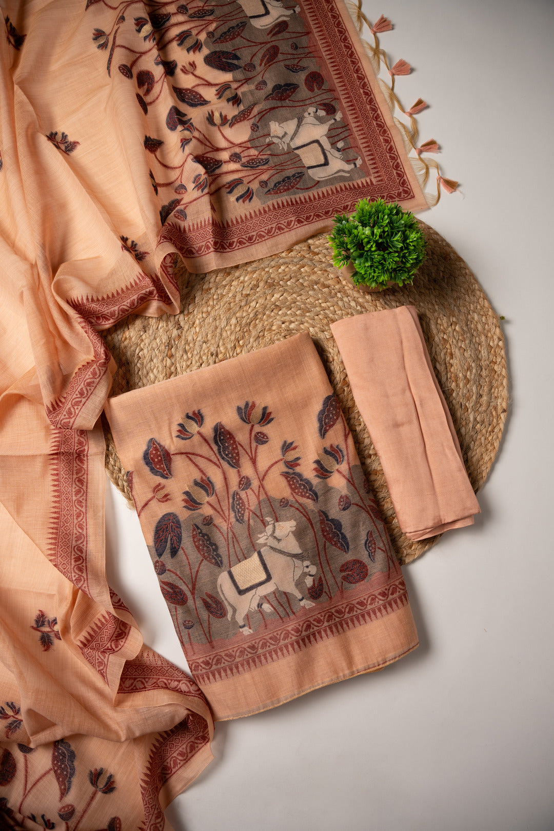 Celestial Cotton Peach Jamdani Muga Cotton Unstitched Suit Set