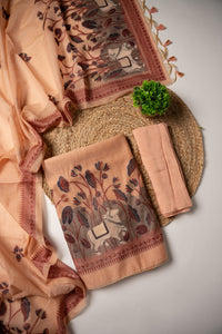 Celestial Cotton Peach Jamdani Muga Cotton Unstitched Suit Set