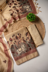 Celestial Cotton Beige Jamdani Muga Cotton Unstitched Suit Set