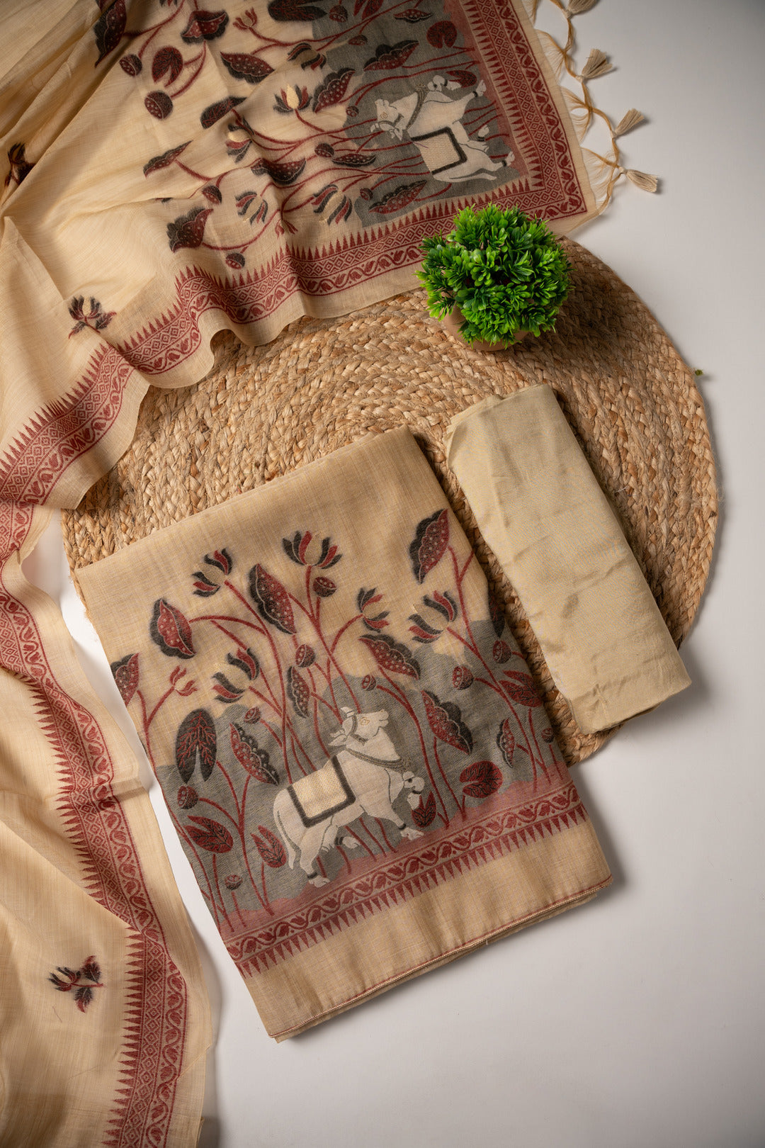 Celestial Cotton Beige Jamdani Muga Cotton Unstitched Suit Set