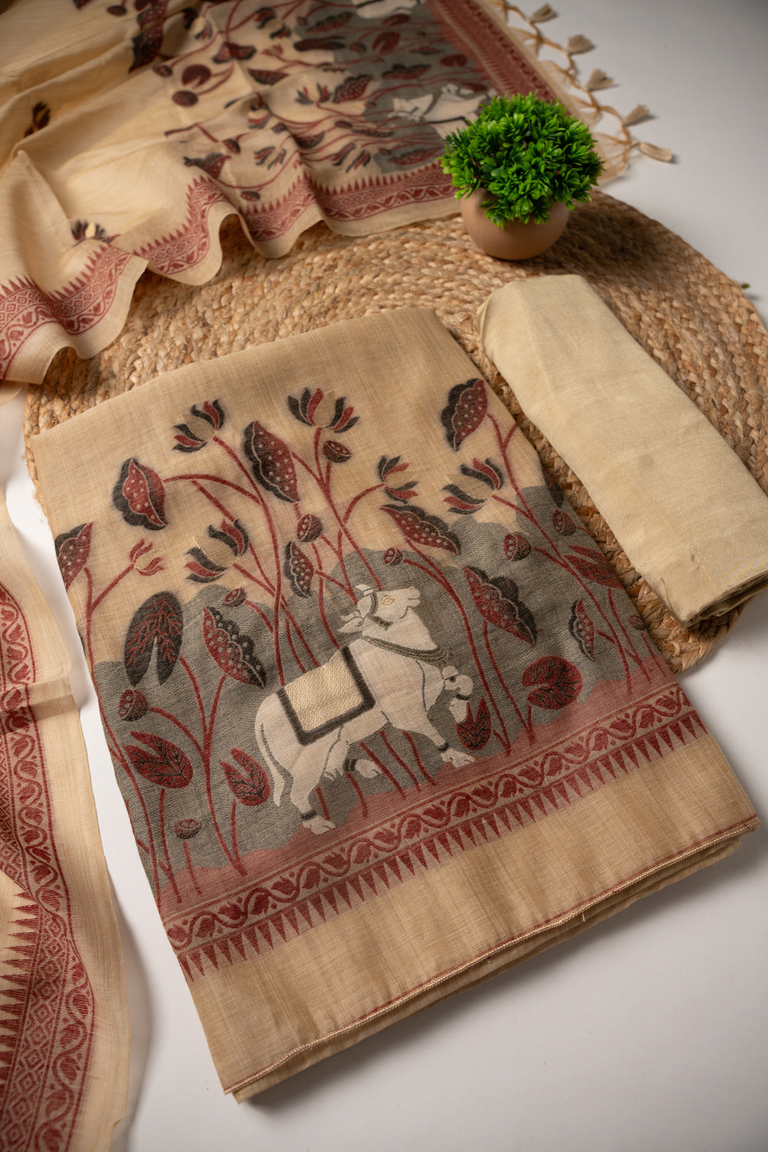 Celestial Cotton Beige Jamdani Muga Cotton Unstitched Suit Set