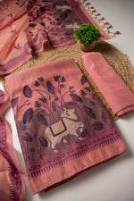 Load image into Gallery viewer, Celestial Cotton Pink Jamdani Muga Cotton Unstitched Suit Set
