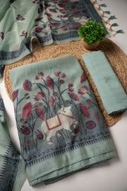 Celestial Cotton Sky Blue Jamdani Muga Cotton Unstitched Suit Set