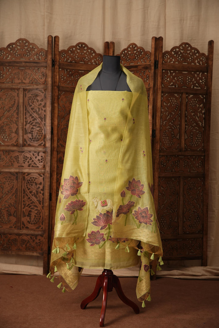 Contemporary Cow Green Muga Cotton Jamdani Unstitched Suit Set