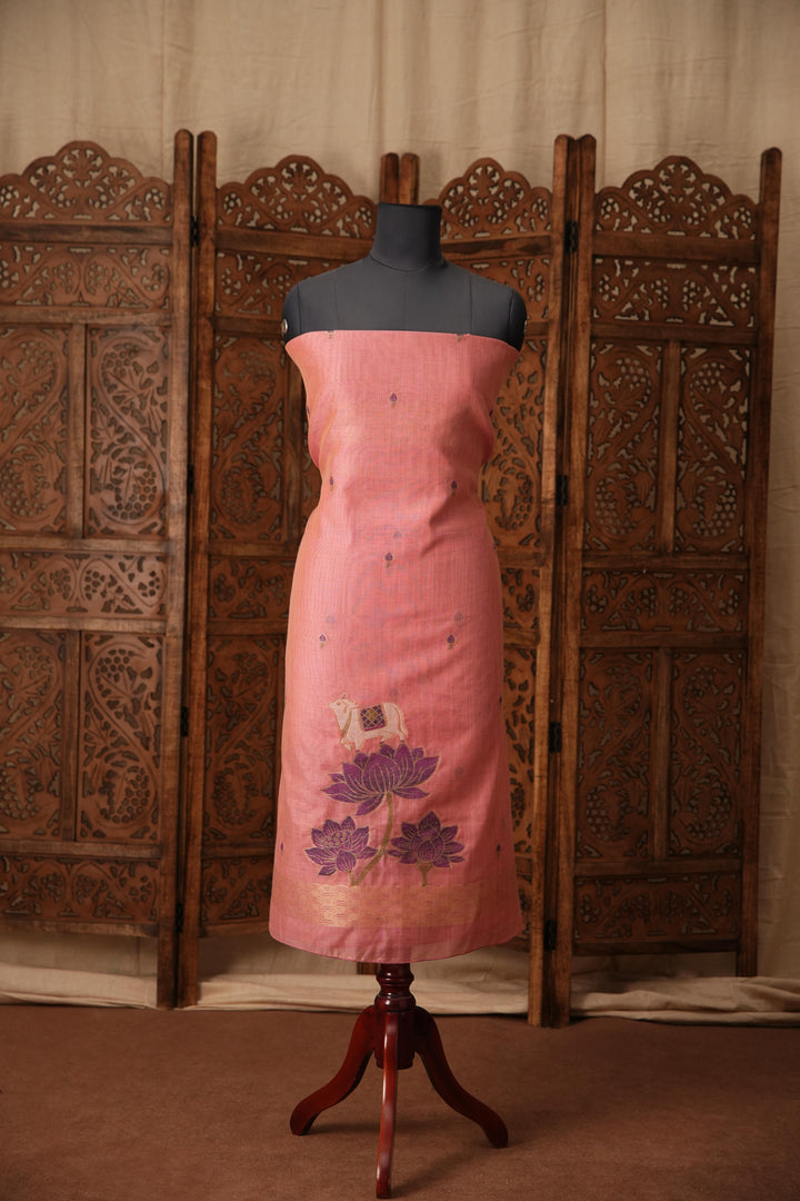 Contemporary Cow Pink Muga Cotton Jamdani Unstitched Suit Set