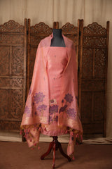 Contemporary Cow Pink Muga Cotton Jamdani Unstitched Suit Set